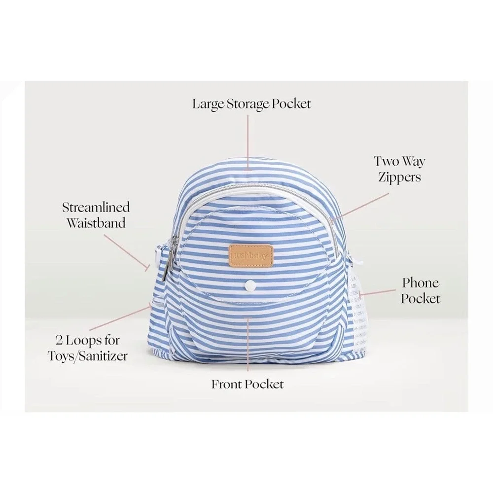 Tushbaby Hip Seat Baby Bag Blue White Stripe Ergonomic Waistband Storage